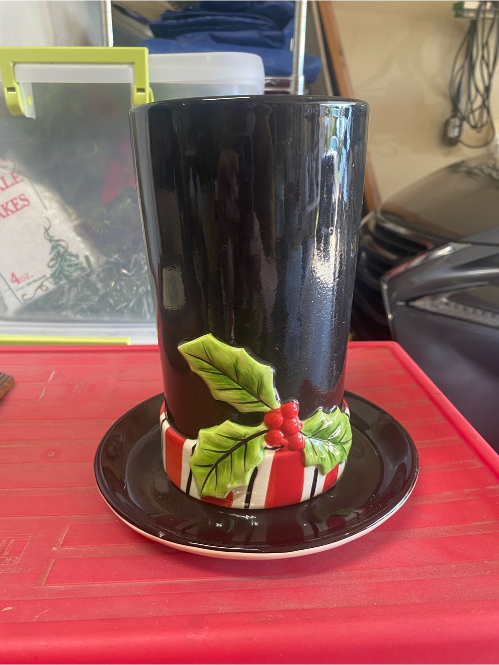 Black Ceramic Top Hat Vase with Holly and Red Berries